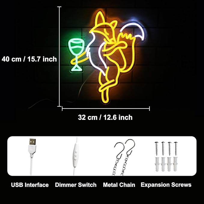 Fox Beer Neon Signs for Wall Decor Cool Animal Neon Sign Orange White Fox Neon Light Dimmable Drink Wine LED Sign Bar Neon Light Up Sign for Bedroom Kitchen Man Cave Bar Decor Birthday Gift