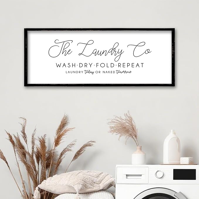 ZZJJHYWGQ Laundry Room Wall Decor 32"×12" Large Farmhouse Laundry Today Or Naked Tomorrow Wash Dry Fold Repeat Funny Vintage Sign Quote Humorous Art (Black)