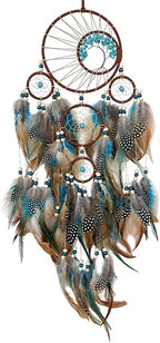Pretty Jolly Brown Blue Feather Large Dream Catchers Wall Decor with Chakras Tree of Life Crystal Stone Ornament Handmade Dreamcatchers for Adult Boys Girls Bedroom Party Birthday Bless Gift-5Rings