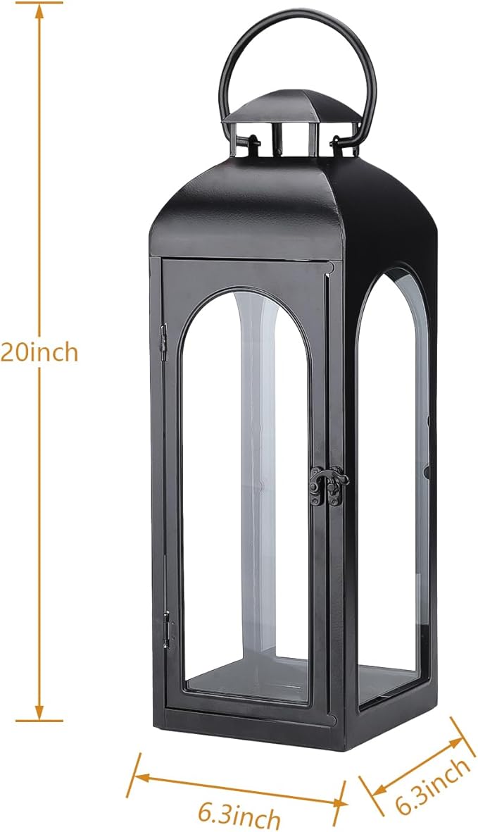 Bdor 2 Pack Large Luxury Lantern Decorative Tall 20 Inches Black Metal Hurricane Lanterns with Tempered Glass Panels for Front Porch,Tabletop, Mantle, Wall Hanging, or Garden, Indoor & Outdoor Décor