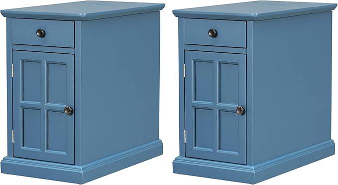 Traditional Wood Narrow End Table with Charging Station, Modern Vintage Sofa Side Table Storage & Multifunctional Drawer, Antique Navy Set of 2 for Living Room, Bedroom, Office, No Assembly