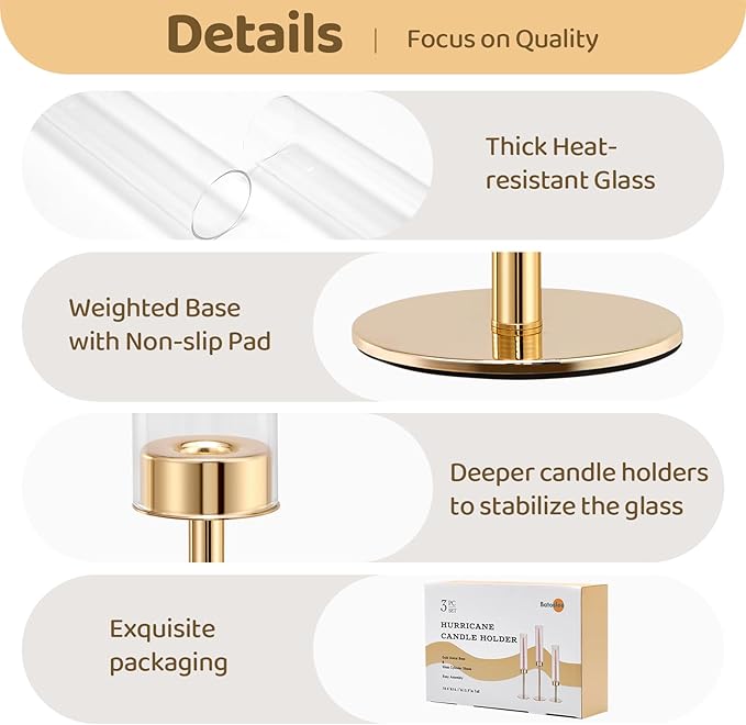 Gold Hurricane Candle Holders Set of 6, Tall Metal & Windproof Glass Taper Candle Holders, Outdoor/Indoor Table Centerpieces for Weddings, Christmas, Parties, Fireplace Decor