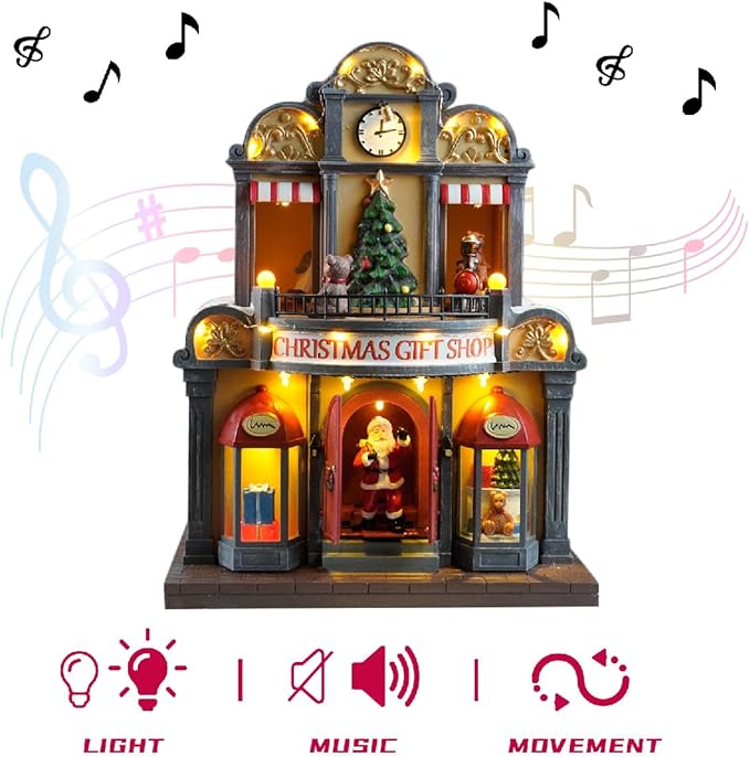 12" Animated Christmas Village House with LED Lights & Music - Spinning Train, Dynamically Moving Santa, Handpainted Resin Shop for Indoor Home Tabletop Decor