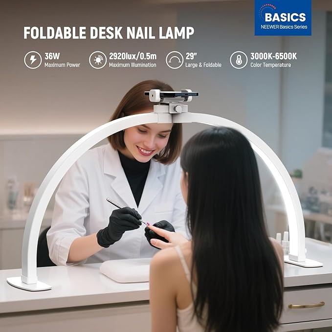 NEEWER Basics 29" Half Moon Nail Light for Desk, 36W Foldable Nail Tech Table Arc Lamp, LED Manicure Half Ring Light with Phone Holder for Makeup Beauty Tattoo Overhead Video Recording, HM02-D
