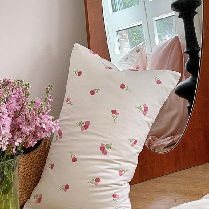 Floral Comforter Set Twin Size - 2 Pieces Pink White Floral Comforter Bedding Sets Tulips Pattern,Twin Bed in a Bag with Heart Comforter and 1 Pillowcase