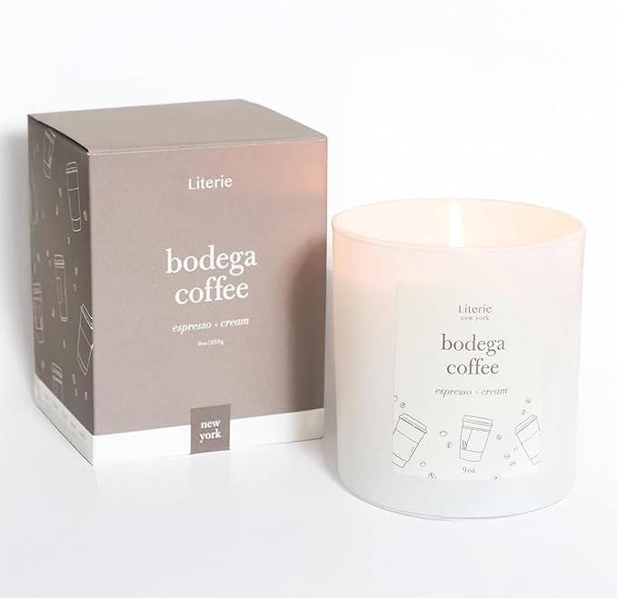 Literie Premium NYC Inspired Scented Candle: Bodega Coffee - Espresso & Cream Scent, 9oz, 50 Hour Burn, Vegan Soy & Coconut Blend Candle for Home Decor, Gift for Women & Men