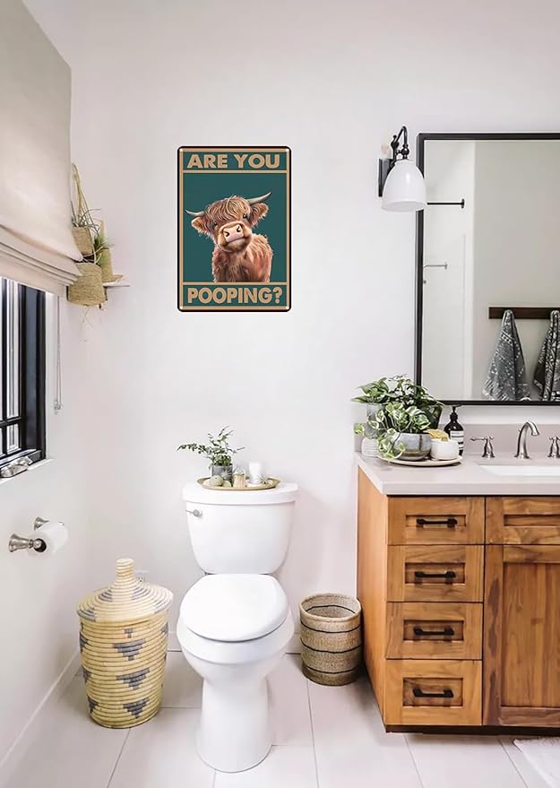 Vintage Highland Cow Tin Sign: Funny "Are You Pooping?" Bathroom Wall Decor for Western & Highland Cow Lovers 8 x 12 Inch (3039)