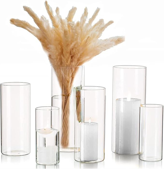 Glass Hurricane Candle Holder Esmiome - Cylinder Vases for Centerpieces 2 Sets (6Pcs) Hurricane Floating Candle Holder, Glass Vases for Flowers, Decorative for Home Wedding, 6'' + 8'' +10''(High)