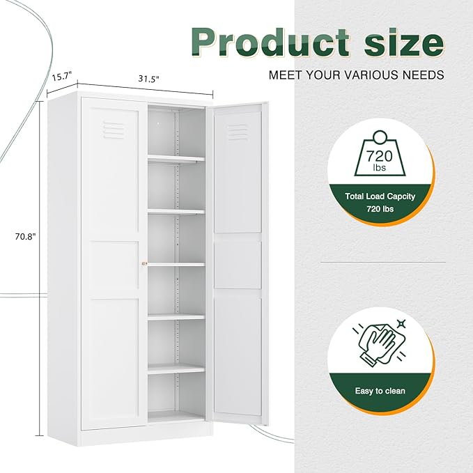 Letaya White Storage Cabinet with Adjustable Shelves-Metal Home Kitchen Pantry Cabinets with Doors,Organization Locker for Cupboard/Bedroom/Dining/Living/Bathroom/Office/Garage Room