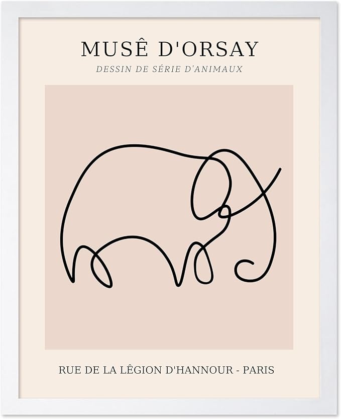 Poster Master Vintage Poster - Retro One Line Elephant Drawing Print - Elephant Art - Minimal Gift for Men, Women, Animal Lover - Abstract Wall Decor for Home, Office, 8x10 White Framed