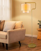 Lightdot 62IN Floor Lamps for Living Room, Modern Standing Tall Lamps with Double Linen Shades, 3000K Arc Bohemian Floor Lamp with Foot Switch for Wedding/Party, Bedroom, Home Office-Gold
