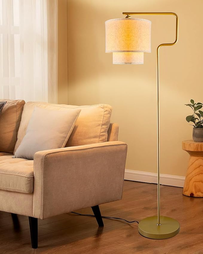 Lightdot 62IN Floor Lamps for Living Room, Modern Standing Tall Lamps with Double Linen Shades, 3000K Arc Bohemian Floor Lamp with Foot Switch for Wedding/Party, Bedroom, Home Office-Gold