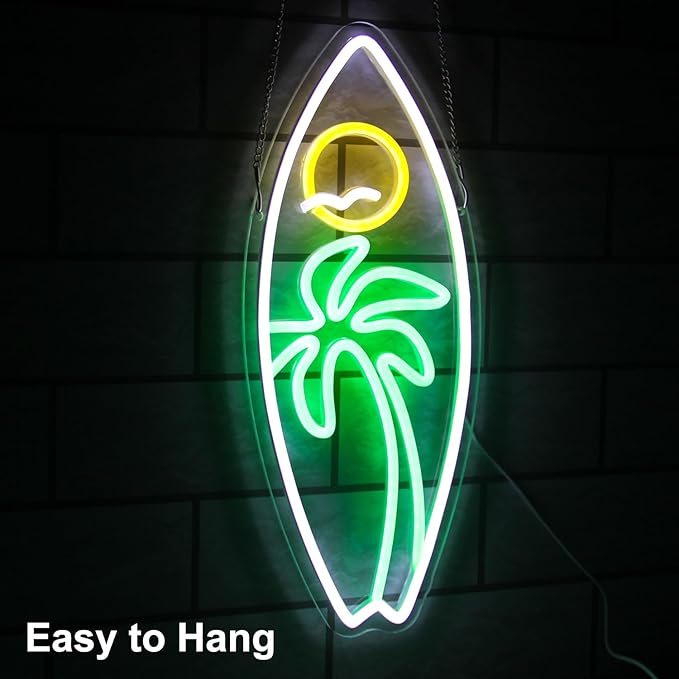Surfboard Neon Sign Palm Tree Seagull Sun Neon Lights for Bedroom Surfing LED Sign Tropical Landscape Dimmable Neon Light Up Sign for Living Room Bar Man Cave Beach Decor Surfer Gifts