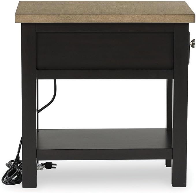 Signature Design by Ashley Drazmine Casual 1 Drawer Chair Side End Table with USB Charging Ports, 1 Lower Shelf and Power Cord, Light Brown & Black