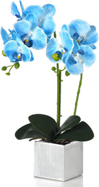 Artificial Potted Orchid Faux Phalaenopsis Silk Flowers Bonsai Realistic Arrangement in Silver Vase for Home Decoration Table Centerpiece, Blue