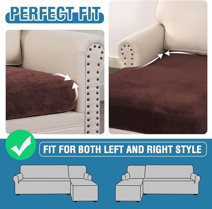 H.VERSAILTEX Velvet Stretch Sectional Couch Covers 3 Pieces Sofa Seat Cushion Covers L Shape Separate Cushion Couch Cover for Both Left/Right Sectional Couch (Large Sofa 2 Seater + 1 Chaise, Brown)