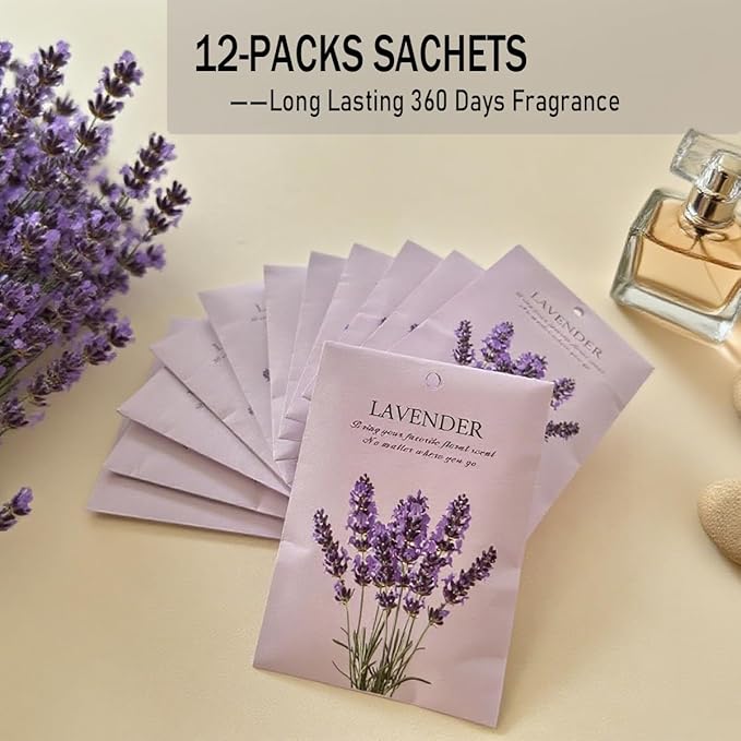 Lavender Scented Sachet Bags - 12 Pack Home & Car Freshener, Odor Eliminator for Closets, Rooms, Drawers, Wardrobes, Toilets, Long - Lasting 360 - Day Fragrance