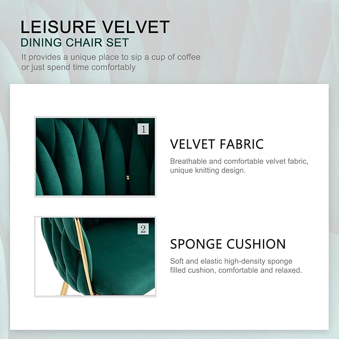 Nrizc Woven Dining Chairs Set of 2, Velvet Upholstered Dining Chairs with Gold Metal Legs, Modern Accent Chairs for Living Room, Dining Room, Kitchen (Green)