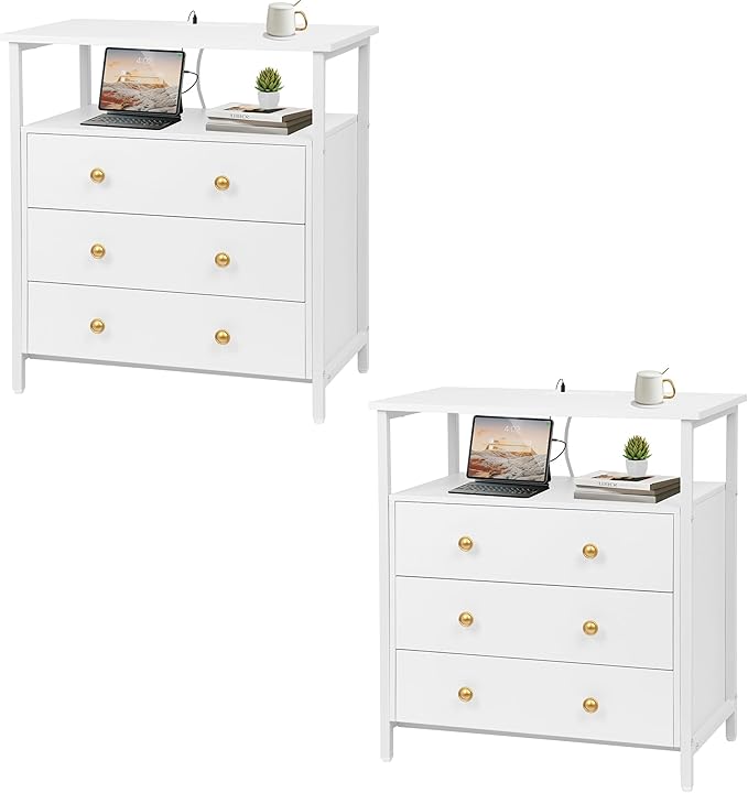 3 Wooden Drawers Nightstand, 27 Inch Wide Night Stand Set 2 with Charging Station and Adjustable Drawers, Small Dresser for Closet, Bedside Table for Living Room/Bedroom/Office, White.