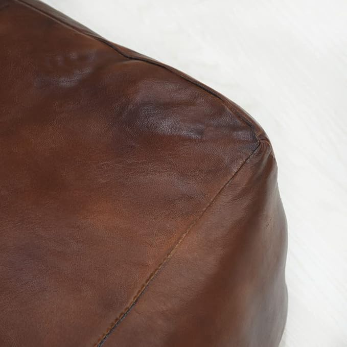 Square Shaped Goat Leather Handmade Eco-Friendly Brown Pouf - 21" x 21" x 12", Plain Solid, Recycled Foam with Fibre Fill Stuffed, Seating Pouf PF12