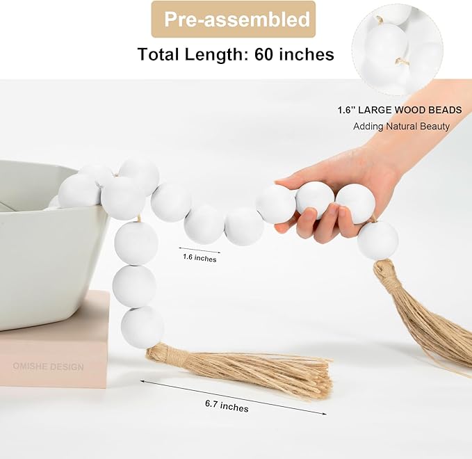 OMISHE 60" Long Extra Large Wood Bead Garland with 1.6" Diameter Wooden Beads and Tassels, Rustic Farmhouse Country Decorative Beads for Home Tiered Tray Decor, White