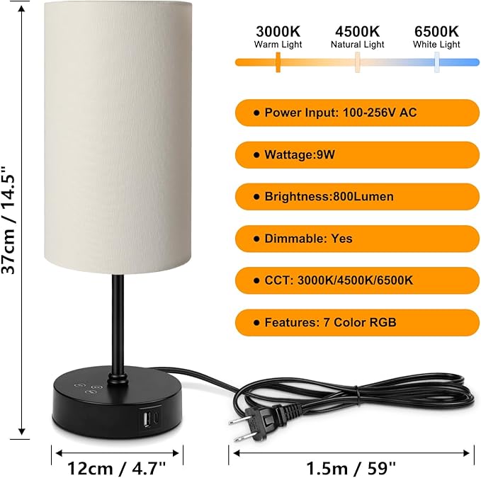 Ascher RGB Table Lamp Color Changing - 3 Color Temperatures and Stepless Dimmable Small Bedside Lamp for Bedroom, Touch Control Nightstand Light with Cream Shade for Reading Home Decor Lights