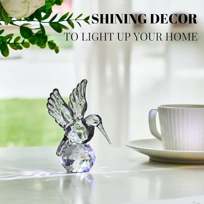 Crystal Glass Hummingbird Figurine Grey Tiny Bird Statue Hand Blown Glass Animal Sculpture Collectible Paperweight Gift for Women