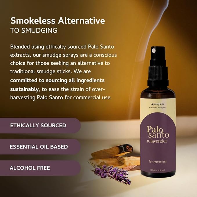 Palo Santo & Lavender Smudge Spray by Aromafume | 1 x 100ml / 3.38 fl oz l Aromatherapy | With Essential oils | Room Linen Spray | Natural Air freshners for home | Spiritual Meditation Accessories