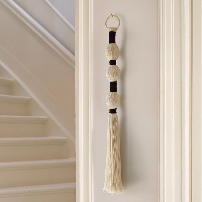 Macrame Wall Hanging Boho Wall Decor Small Sphericity Cotton Textile Tassel Hanging Fiber Yarn Art for Living Room Bedroom 27'' L x 2.3'' W