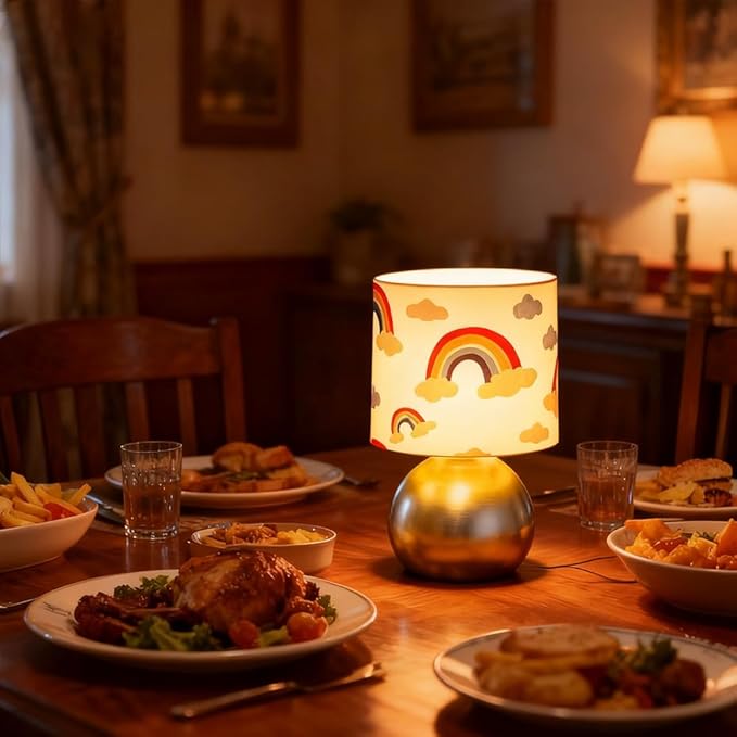 Set of 2 Silver Small Bedside Table Lamps with Rainbow Cloud Pattern Shades (Bulb Included)