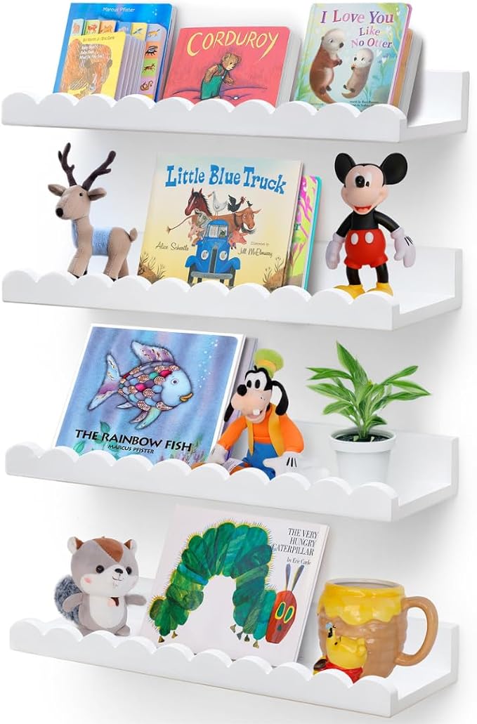 Scalloped Shelves - Set of 4 Pre-Assembled 15.6inch White Floating Nursery Book Shelves, Scalloped Book Shelf - Kids Wall Decor, Nursery Decor, Floating Shelves for Wall