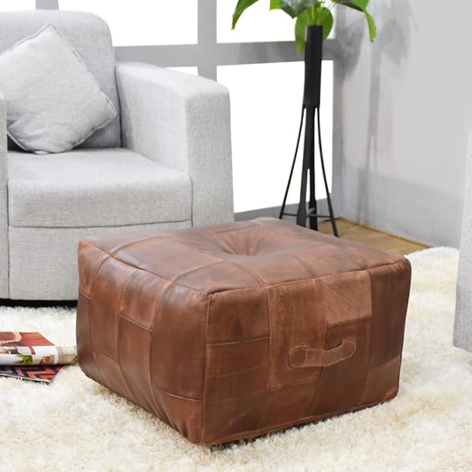 Square Shaped Buffalo Leather Handmade Eco-Friendly Brown Pouf - Square Pouf, 14"x14"x14", Plain Solid Pouf, Buffalo Leather Pouf, Recycled foam with fibre Filled Stuffed Pouf, Seating Pouf PF25