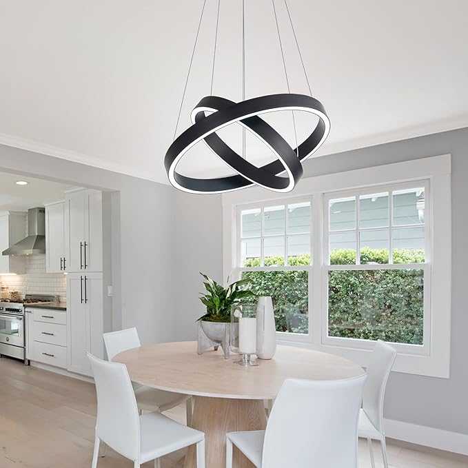 MADEM Room Decor Modern LED Pendant Light 2-Ring Circular Contemporary Chandelier Flush Mount Pendant Lighting for Living Dining Room Bedroom, 6000K Cool White, 36W, Black