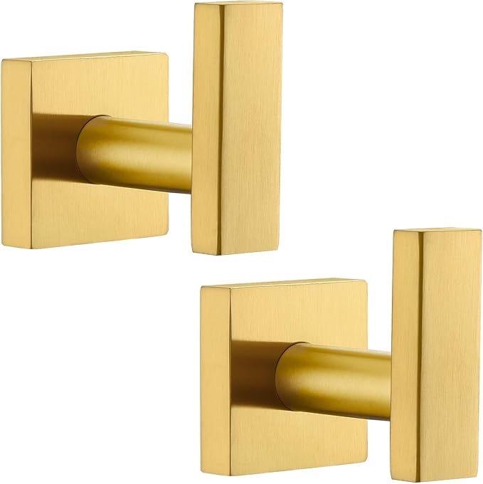 Angle Simple Towel Hooks for Bathroom, SUS 304 Stainless Steel Square Robe Coat Wall Hooks, Hand Towel Holder, Brushed Gold, 2 Pack