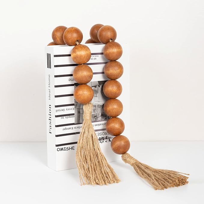 OMISHE Extra Large Wood Bead Garland Brown with 1.6" Diameter Wooden Beads and Tassels, 41" Long Rustic Farmhouse Country Decorative Beads for Home Tiered Tray Decor, Brown