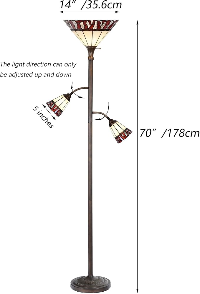 Bieye L10838 Fire Flame Tiffany Style Stained Glass Torchiere Floor Lamp with Sidelights for Reading, 70-inches Tall (Flame, Red)
