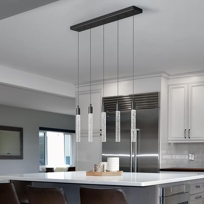Kitchen Island Lighting Modern Light Fixture Black Pendant Light Dimmable LED Black Finish Mini Crystal Pendant Lights for Dining Room Living Room（5-Light）