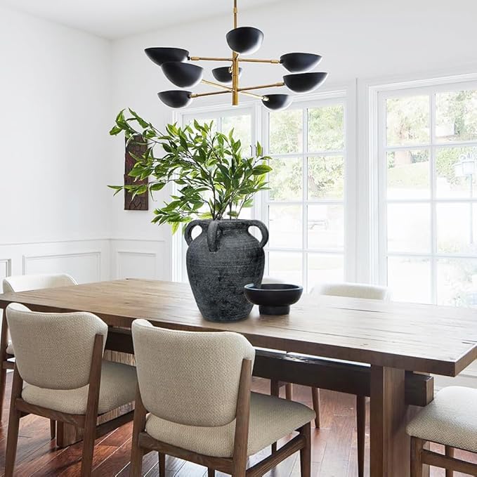 Handmade Flower Vase, 12" Tall Terracotta Vase, Vintage Black Ceramic vase, Rustic Antique Decor with 3 Handles, Wide Mouth, Matte Finish for Home Office Resto Café Décor