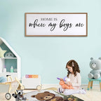 Home is Where My Boys are Sign Framed Wall Art, 40''×15'' Rustic Horizontal My Son Plaque with Natural Frame for Baby Kid Boy Son Teen Toddlers Room, Horizontal Mom of Boys Gifts Nursery Decor