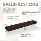 Homeforia Walnut 36 inch Floating Shelf, High End Solid Real Wood 36inch Large Shelves for Bathroom Wall, Dark Brown 36 inches Long Floating Shelves, Heavy Duty Bracket, 36 X 6.5 X 1.75 inch, Set of 3
