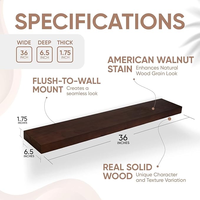 Homeforia Walnut 36 inch Floating Shelf, High End Solid Real Wood 36inch Large Shelves for Bathroom Wall, Dark Brown 36 inches Long Floating Shelves, Heavy Duty Bracket, 36 X 6.5 X 1.75 inch, Set of 3