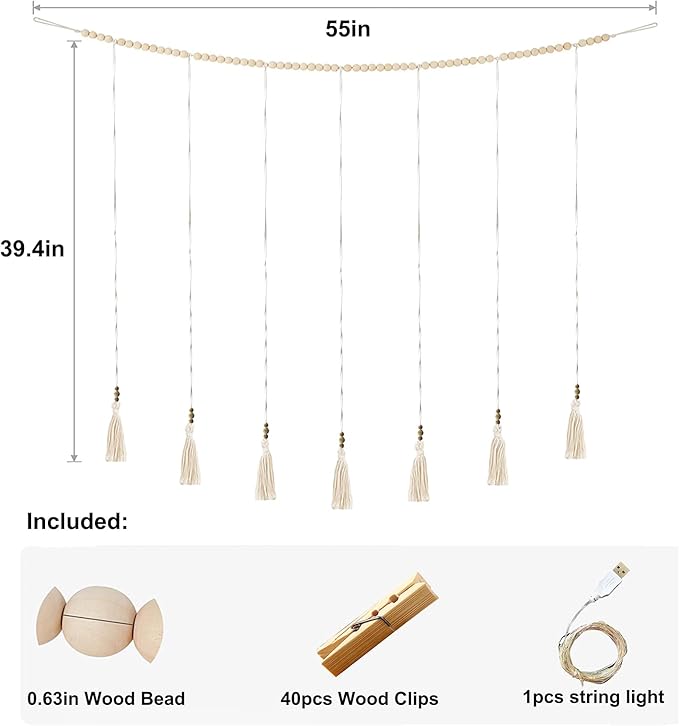 Hanging Photo Display Wall Decor, Macrame Wall Hanging Boho Room Bedroom Decor, Boho Wooden Beads Garland Collage Picture Card Frame Holder with 40 Clips for Bedroom Living Room Dorm, Tapestry