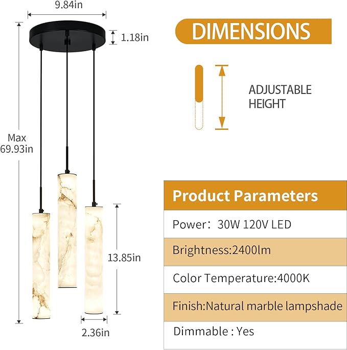 LMQNINE Natural Alabaster Pendant Lights for Kitchen Island White Marble Long Tube Chandelier Modern Black Ceiling Light Fixtures for Bedroom Dining Room Table Living Room Hallway(Y-3Light-Crackle)