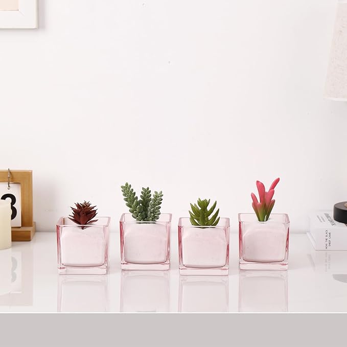 Square Vases Set of 6, 3"x 3"x 3" Glass Vases for Flowers, Square Flower Vase for Centerpieces, Small Pink Vase for Wedding, Party, Home Office Decoration