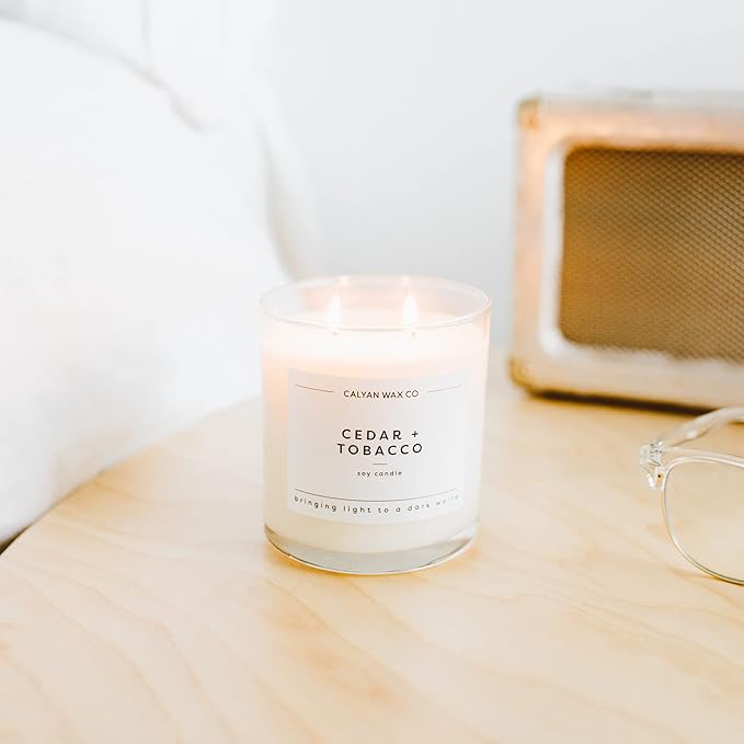 Calyan Wax Co. 2 Wick Candle, Cedar + Tobacco Scented Candle, 37 Hour Burn Time, Aromatherapy Soy Candles, Non Toxic & Vegan Soy Wax, Glass Tumbler Scented Candles, 8.8oz