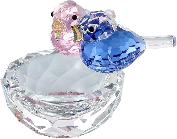 Crystal Bird Figurine Faceted Glass Birdy Nest Statue Valentine's Day Gift for Her Cute Animal Collectible Ornament Home Decor (Pink and Blue)