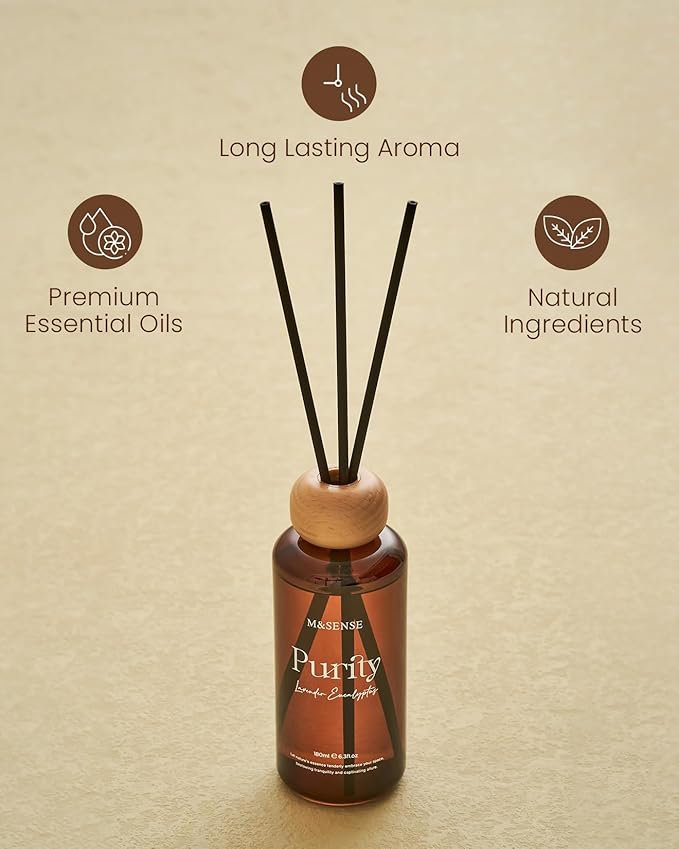 M&SENSE Lavender Eucalyptus Reed Diffuser: 6.3 fl oz Non-Toxic Aroma Set with Sticks, Light & Subtle Fragrance, Long-Lasting Natural Essential Oil Gifts for Bedroom, Shelf Decor & Small Spaces