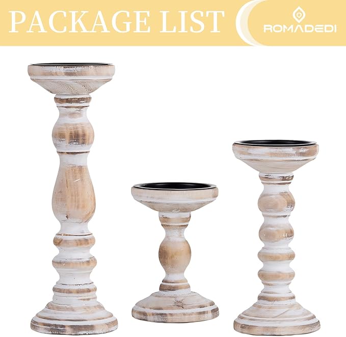 Candle Holder for Pillar Candles: Romadedi Set of 3 Decorative Wood Candlestick Holders, Rustic Wooden Candle Stand for Fireplace Mantle End Table Shelf in Farmhouse Style, Whitewashed 6”, 8.3”, 12”