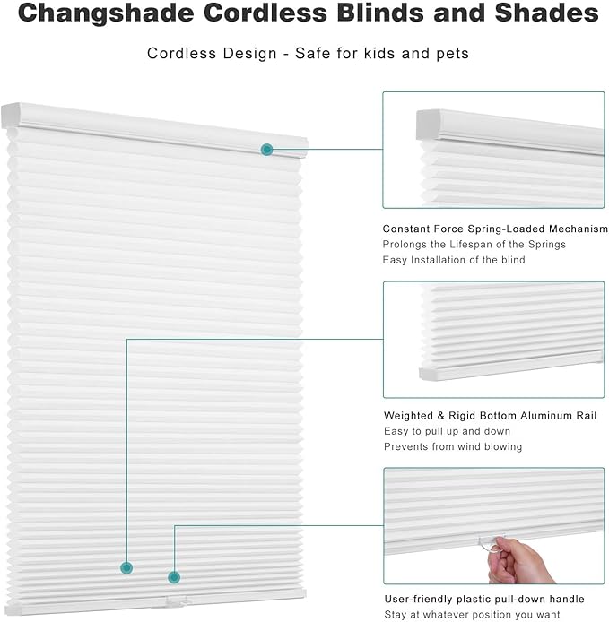 Changshade Cordless Cellular Shades, Light Filtering Honeycomb Shades for Windows, Pull Down Pleated Blinds, Easy to Install for Indoor Windows and French Doors,24" W x 50" H, Grey
