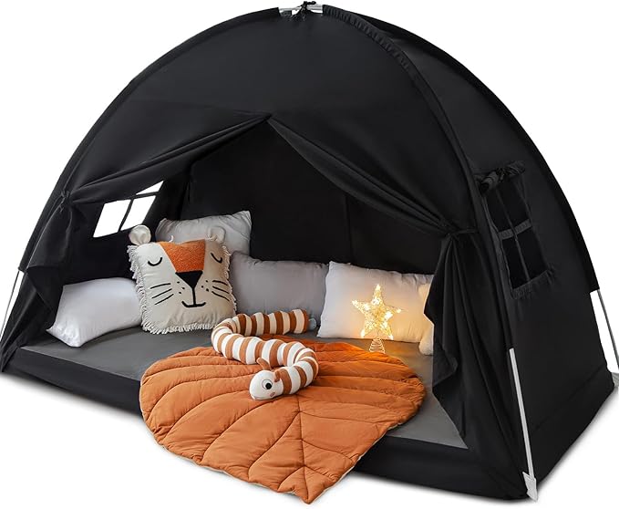 Sherilyn Twin Size Bed Canopy Bed Tents Dream Tent on Bed Privacy Space Blackout Sleeping Tents Indoor Breathable Portable Cottage Floor Drafty Room (Black)